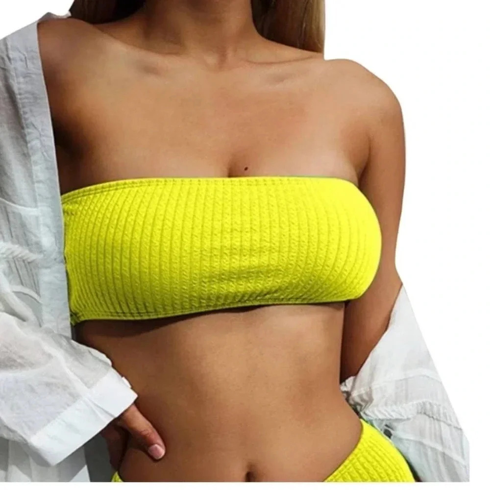 NEW Good American Women's Size XL Electric Yellow Crinkle Bandeau Bikini Top